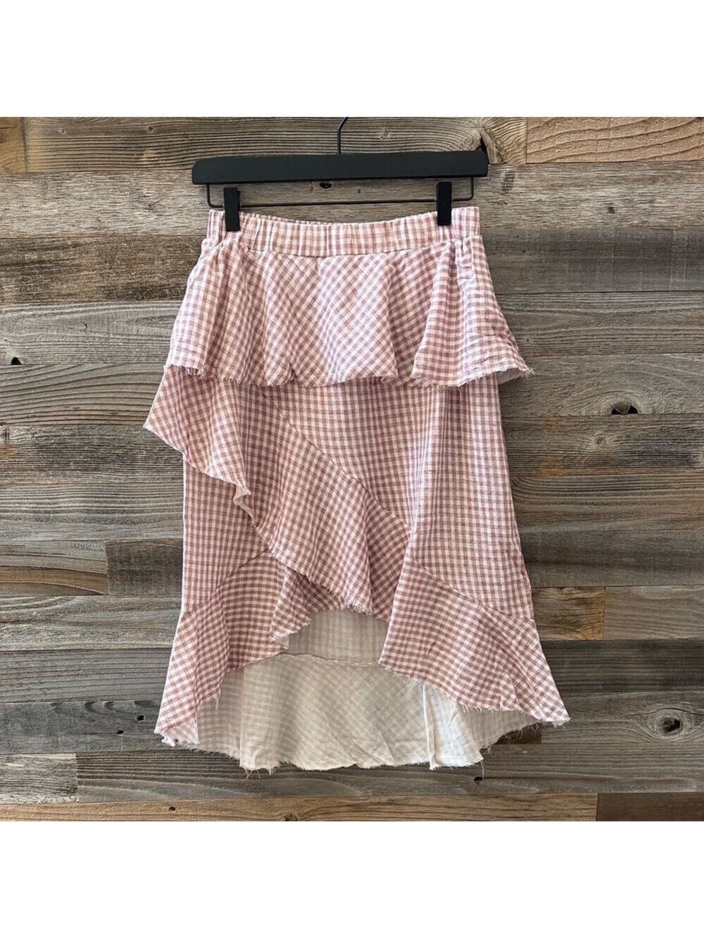 Moon River Red Gingham Ruffle Raw Hem High Low Skirt Medium NWT